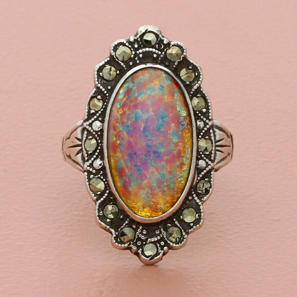 Sterling Jewelry - harlequin opal, sterling silver vintage art deco style marcasite  ring size 6.5